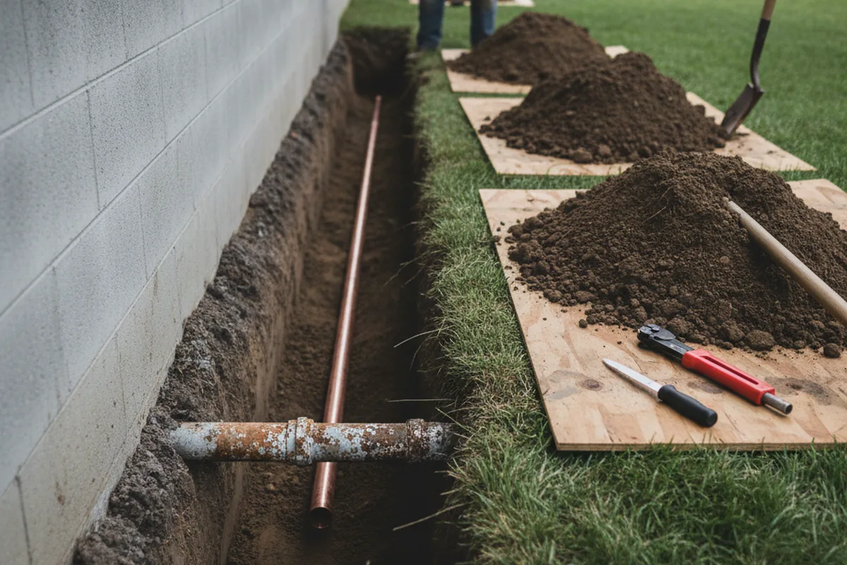 Excavated water line trench during Water Softener Installation in Grass Valley